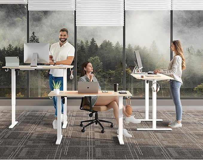 Large Electric Standing Desk,55x24 Inches Adjustable Height Stand up Desk, Sit Stand Home Office Desk, 3 Preset Heights,Equipped with Hooks,Ergonomic Computer Desk Workstation，Nature