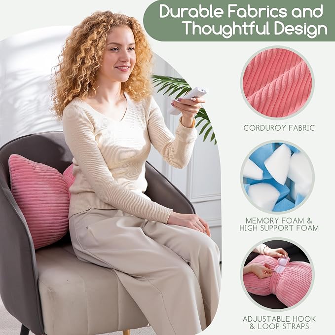 HIGOGOGO Lumbar Support Pillow for Recliner Chair, Bow Knot Shaped Back Support Cushion, Striped Corduroy Soft Decorative Lumbar Pillow for Office Chair, Sofa, Car, Bed, Living Room - Pink