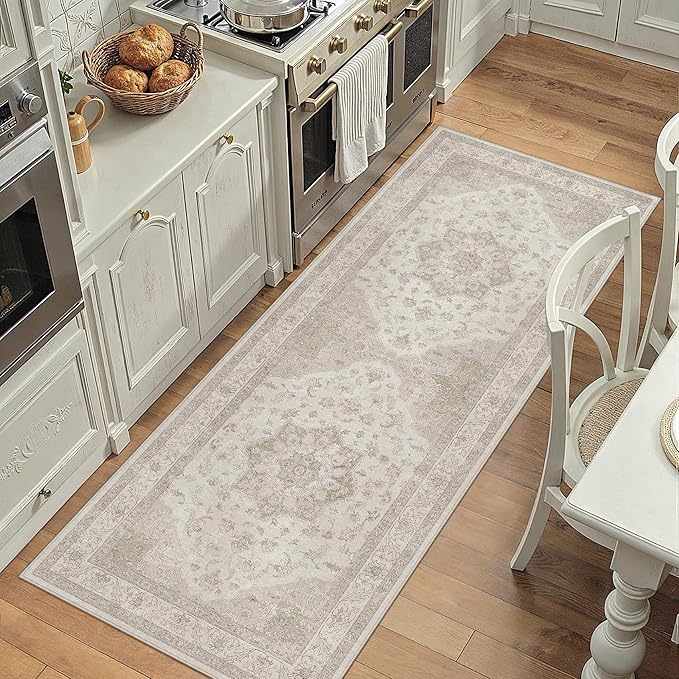 PureCozy Beige Runner Rug 2x5 Washable Vintage Carpet Hallway Kitchen Soft Retro Low Pile Thin Indoor Bedroom Non Slip Oriental Medallion Long Throw Rug for Bathroom Laundry Dining Room