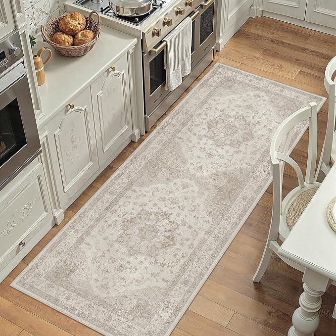 PureCozy Beige Runner Rug 2x6 Washable Vintage Long Carpet for Hallway Kitchen Soft Retro Low Pile Thin Indoor Runner Non Slip Oriental Medallion Throw Rug for Bathroom Bedroom Laundry Dining Room