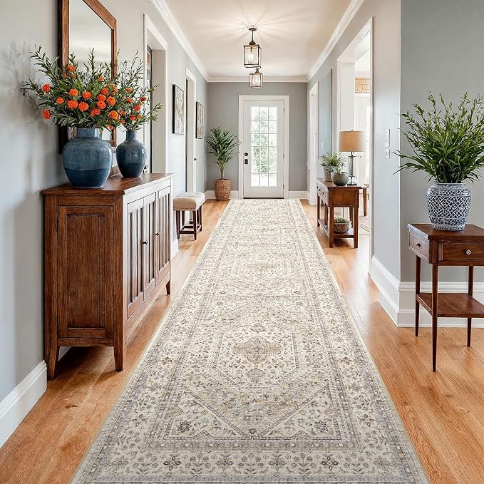 4x12 Runner Rug for Hallway Washable: Non Slip Kitchen Rugs with Rubber Backing Soft Waterproof Wide Mats Stain Resistant Low Pile Carpet for Entryway Bedroom Bathroom Laundry Home Decor Beige/Gray