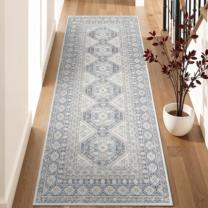 3x8 Runner Rug Kitchen Washable:Oriental Indoor Hallway Runners with Non Slip Backing Floor Mat for Entryway Door Low Pile Thin Carpet for Bedroom Bathroom Living Room Bedside (Blue, 3x8)
