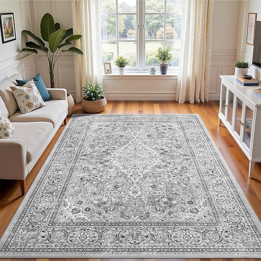 4x6 Grey Washable Boho Area Rug for Bedroom, Vintage Floral Non Slip Living Room Rugs, Soft Low Pile Indoor Mat, Aesthetic Pattern Carpet for Kitchen, Dining Room and Bedside