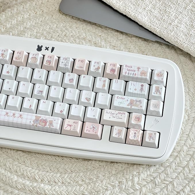 Pink PBT Keycaps 150 Keys, Little Bear Theme Dye Sublimation Keycap Set, Cute Cherry Profile Key Caps, Custom Keyboard Keycaps for ANSI/ISO Layout Cherry MX Switches Mechanical Keyboard