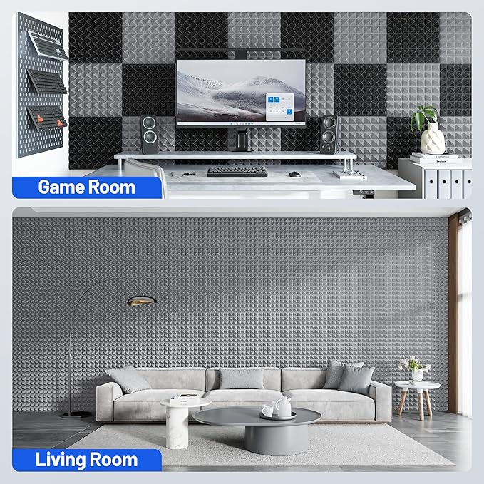 12 Pack Pyramid Sound Proof Foam Panels for Walls with Updated Self-Adhesive 2"X12"X12" High Density Acoustic Panels Sound Absorbing Fast-Expanding Soundproof Wall Panels for Gaming Studio Decor- Gray