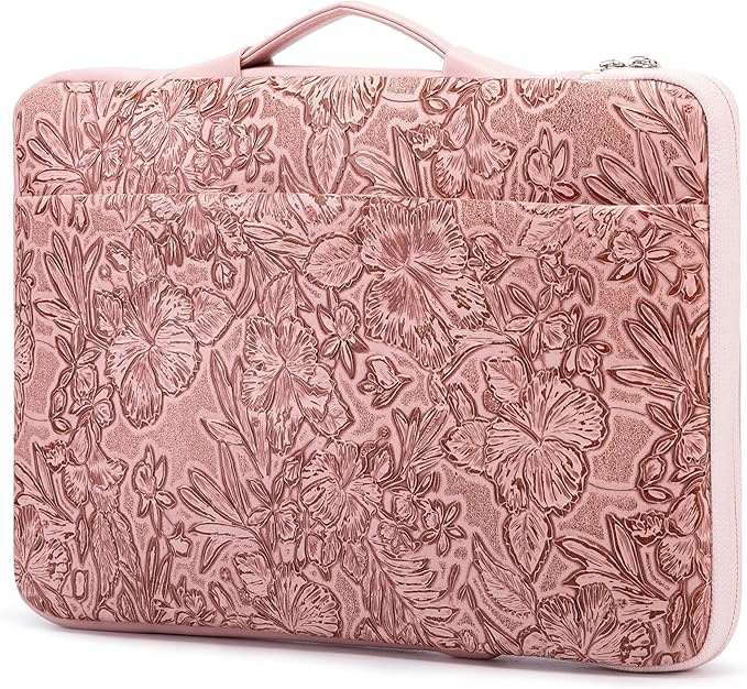 Kinmac Embossed PU Leather 360° Heavy Duty Protective Laptop Sleeve with Poacket (Pink Flower, 15 inch-15.6 inch)