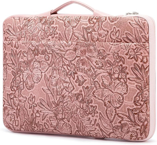 Kinmac Embossed PU Leather 360° Heavy Duty Protective Laptop Sleeve with Poacket (Pink Flower, 15 inch-15.6 inch)