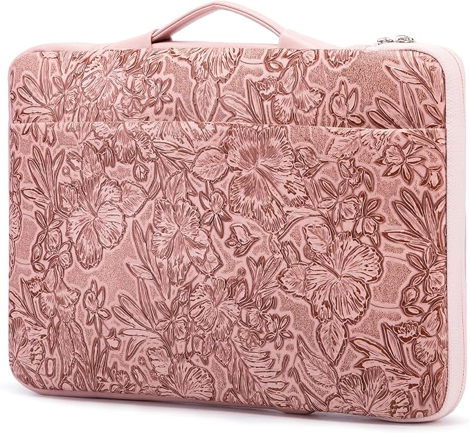 Kinmac Embossed PU Leather 360° Heavy Duty Protective Laptop Sleeve with Poacket (Pink Flower, 12.5 inch-13.6 inch)