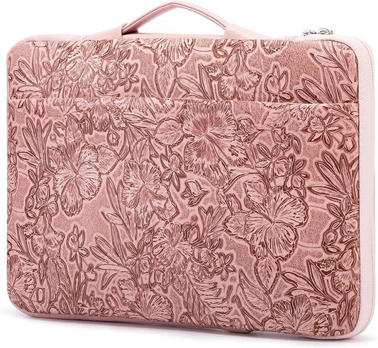 Kinmac Embossed PU Leather 360° Heavy Duty Protective Laptop Sleeve with Poacket (Pink Flower, 16 inch-16.2 inch)