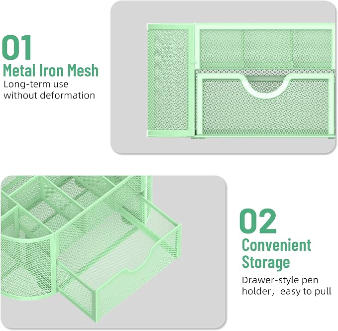 Mesh Desk Organizer with Drawer, 9-Compartment Pen Holder for Desk, Green | Pull-Out Drawer Stores Pens, Pencils, Clips, Notes, and Small Office or School Supplies in One Compact Desk Caddy