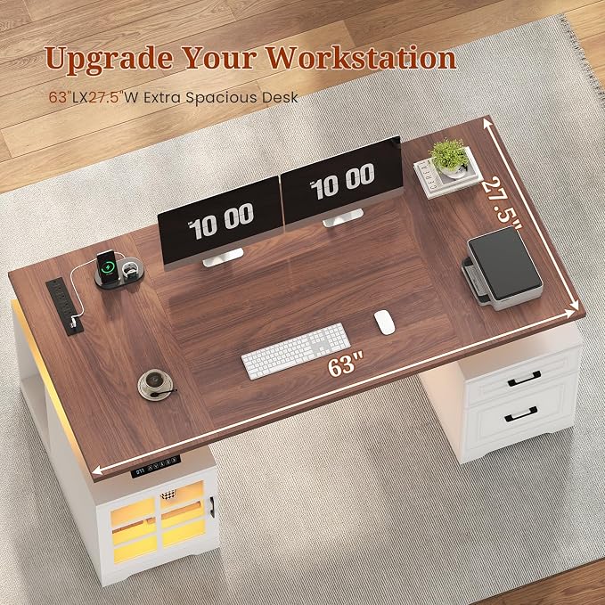 UPOSOJA 63 in Executive Standing Desk, Electric Height Adjustable Desk with Storage Drawers, Glass Cabinet, Shelves, Power Outlet, LED Light, Wood Sit Stand up Computer Desks for Home Office (White)