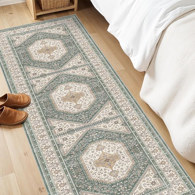 2x6 Runner Rug for Hallway Washable: Non Slip Kitchen Rugs with Rubber Backing Soft Waterproof Mats Stain Resistant Indoor Vintage Carpet Runner for Bedroom Bathroom Laundry Entryway Green/Beige