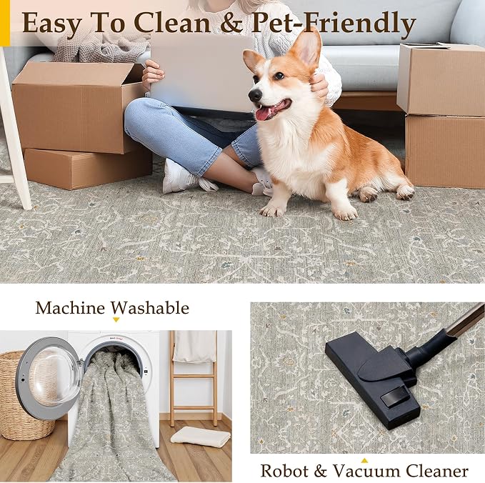 HUGEAR 2x6 Runner Rug Hallway Retro Grey Machine Washable Vintage Floral Low Pile Carpet Vacuumable Distressed Long Throw Rug Bedroom Office Bathroom Kitchen Laundry Non Slip Soft Lightweight