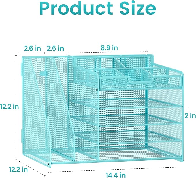 Lavatino 5-Tier Desk Organizer with 2 File Holders, Metal Adjustable Paper Letter Tray for Office or Home Desk Organizers and Accessories | 7 Flexible Dividers Keep Workspace Supplies Neat, Blue