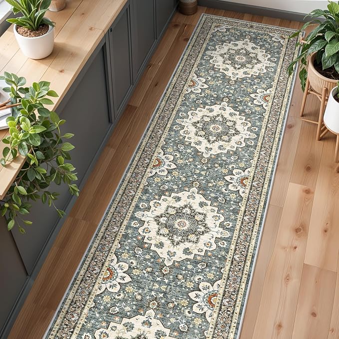 Washable Oriental Hallway Runner Rug - 3x14 Rugs for Living Room Soft Carpet for Bedroom Kitchen Waterproof Floral Distressed Indoor Stain Resistant Non-Shedding Floor Carpets (Blue, 3X14)