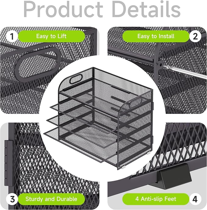 Cawukege 5 Tier Paper Organizer with Handle, Grey Metal Mesh Desk Organizer File Folder Paper Letter Tray Desktop Document Sorter for Classroom, School, Office Accessories Organization and Storage