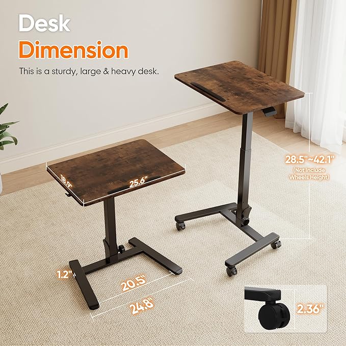 Monomi Mobile Folding Desk 25.6 Inch, Small Sit-Stand Height Adjustable Rolling Laptop Desk, Space-Saving Portable Desk with Wheels for Home Office Craft & Study, Brown