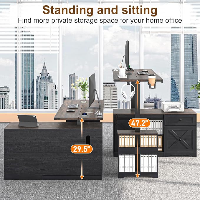 St.Mandyu L Shaped Electric Standing Desk 55" Black with Power & Storage | File drawer, sliding door cabinet, cup holder, height adjustable, sturdy wood frame, home office for work/study/writing