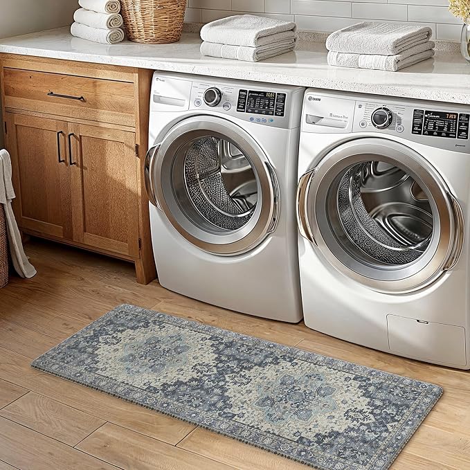 GENIMO Kitchen Mats for Floor 2PCs, Washable Anti Fatigue Mat for Cushioned, 17.3"x59"+17.3"x30", Waterproof Kitchen Rugs, Non Slip Comfort Standing Mat Rug for Home, Sink, Laundry, Center Blue