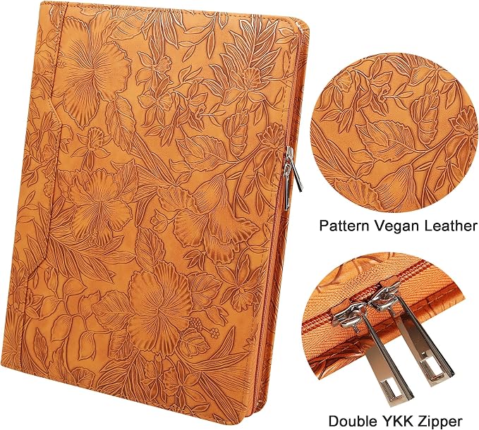 Vegan Leather Portfolio, Personalized 3 Ring Binder Padfolio for Women, Pink Leather, Handmade Organizer, Engraved Resume Folder (Brown Pattern, Custom)