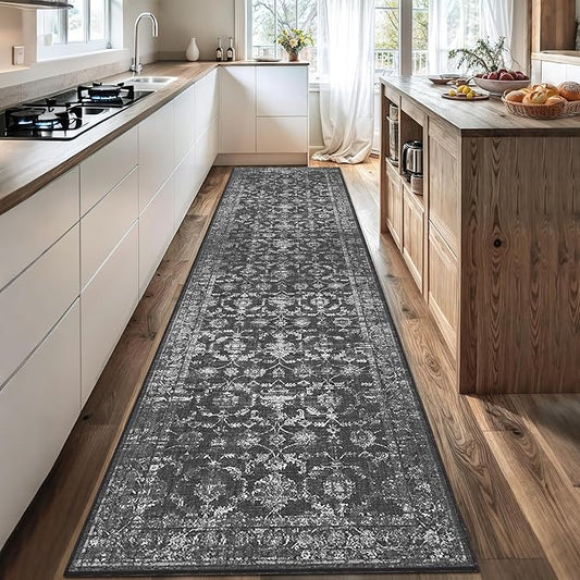 3x12 Black Runner Rug Hallway Washable Area Rugs Kitchen Vintage Boho Non Slip Long Rug Floral Carpet Indoor Retro Soft Low Pile Throw Rug for Bedroom Bathroom Laundry Dining Living Room Office