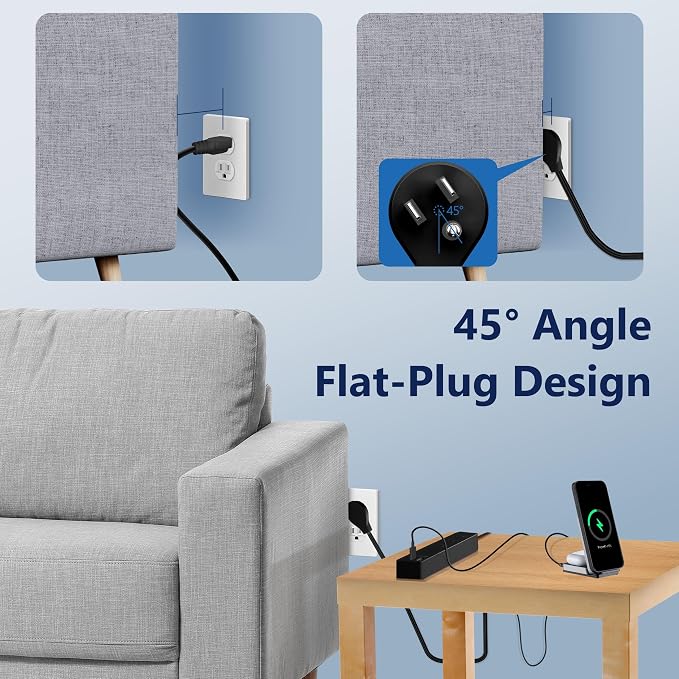 LIDER Outlet Extender with 3 Receptacles, USB-A & 2 USB-C Ports, Ultra-Thin Flat-Plug with Cord Extender, 3-Outlet Power Strip, Slim Angled Design, 5ft Cord, 1250W, ETL Listed, Matte Black