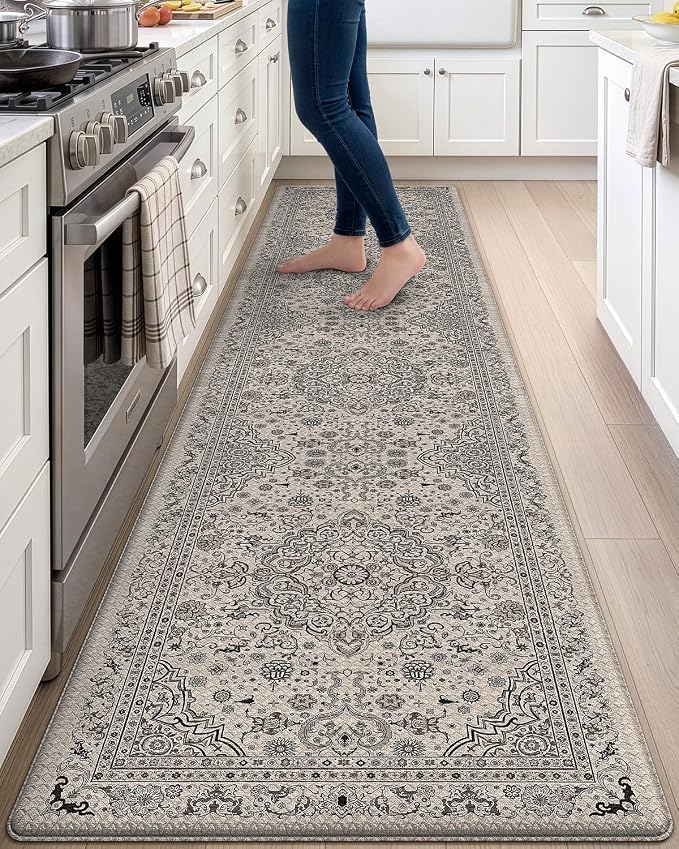 DEXI Kitchen Mats for Floor Cushioned, 23x107 Wide Runner Rug Non Slip, Waterproof Soft Comfort Standing Padded Anti Fatigue Decorative, Brown and Grey