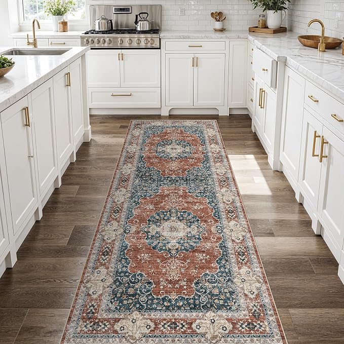 3x8 Washable Hallway Runner Rug:Oriental Indoor Kitchen Rugs Vintage Door Mat Non Slip with Rubber Backing Low Pile Thin Carpet for Bedroom Bathroom Living Room Bedside (3x8 Brick/Blue)
