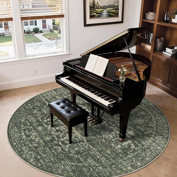 8ft Green Round Washable Area Rug for Living Room Vintage Boho Non Slip Circle 8x8 Large Rug Distressed Floral Carpet Indoor Retro Soft Low Pile Farmhouse Throw Rug for Bedroom Nursery Office