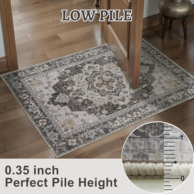 Tangsoo 2.6x8 Washable Runner Rug for Hallways, Non Slip Vintage Runner Rug, Farmhouse Soft Low Pile Long Rug Runner, Print Carpet Runners for Kitchen Bedroom Entryway Bathroom Living Room Taupe/Grey