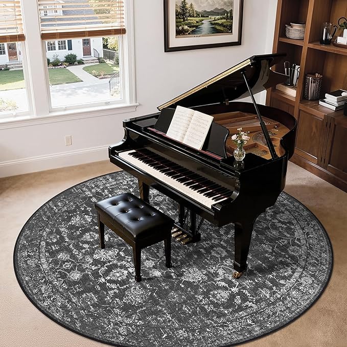 8ft Black Round Washable Area Rug for Living Room Vintage Boho Non Slip Circle 8x8 Large Rug Distressed Floral Carpet Indoor Retro Soft Low Pile Farmhouse Throw Rug for Bedroom Nursery Office
