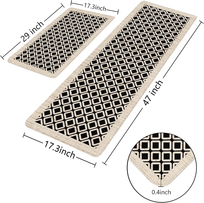 Black Vintage Geometric Elegance Grid Kitchen Rug Sets [2 PCs], Anti-Fatigue, Waterproof Non-Slip Kitchen Mats Heavy Duty Comfort Foam Rug for Kitchen, Floor, Laundry,17"x29"+17"x47"