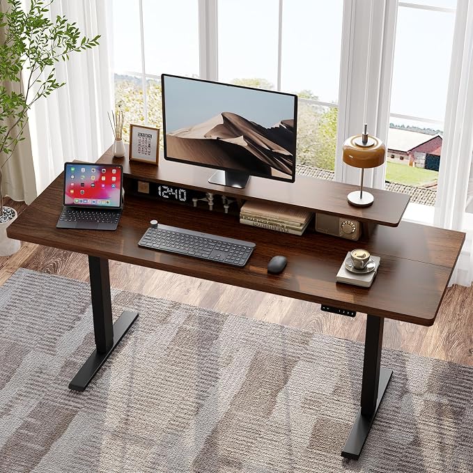 63 x 24 Inches Electric Standing Up Desk with Monitor Shelves,Height Adjustable Computer Desk from 28-46''with Memory Controller,Modern Home Office Desk for Work,Study,Walnut