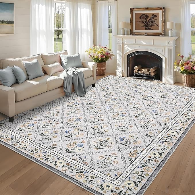 Floral 9x12 Area Rugs for Living Room Bedroom, Soft Washable Rugs 9x12 Stain Resistant, Ultra-Thin Non-Slip Dining Room Rug Non-Shedding Accent Carpet for Office Grey Beige