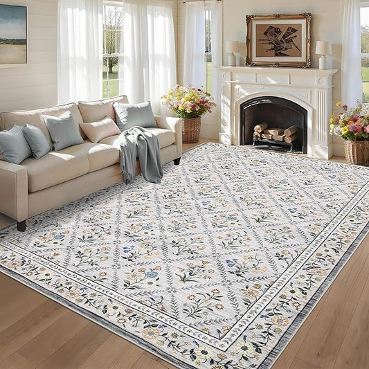 Floral 9x12 Area Rugs for Living Room Bedroom, Soft Washable Rugs 9x12 Stain Resistant, Ultra-Thin Non-Slip Dining Room Rug Non-Shedding Accent Carpet for Office Grey Beige