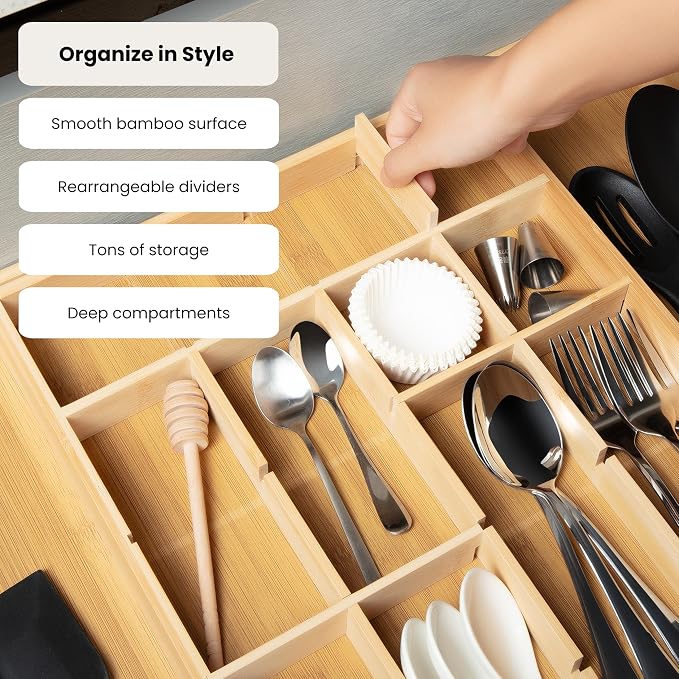 Talented Kitchen Expandable Silverware Drawer Organizer - Adjustable Bamboo Dividers for Cutlery & Utensils, Removable Sections, Space-Saving Kitchen Drawer Storage, Versatile, Durable, Natural Finish