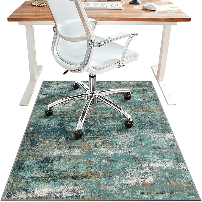 48"x72" Office Chair Mat for Hardwood Tile Floor, Under Desk Carpet Protector for Rolling Computer Chair Mat, Machine Washable Area Rug, Anti-Slip 1/5" Thick Low Pile Thin Vinyl Floor Mat, Teal Blue