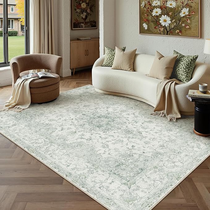 HUGEAR Area Rug 6x9 Vintage Green Machine Washable Living Room Rugs Thin Neutral Floral Vacuumable Low Pile Carpet Bedroom Office Dining Room Laundry Room Non Slip Soft Lightweight