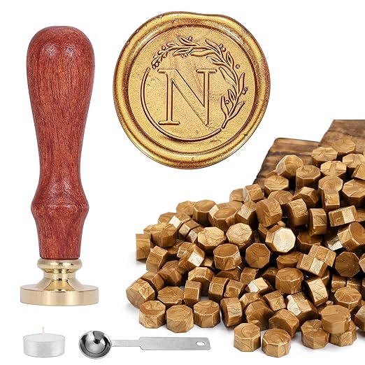 Yoption Letter Wax Seal Kit, Vintage Initial Alphabet N With Wreath Stamp and 120 Antique Gold Seal Beads