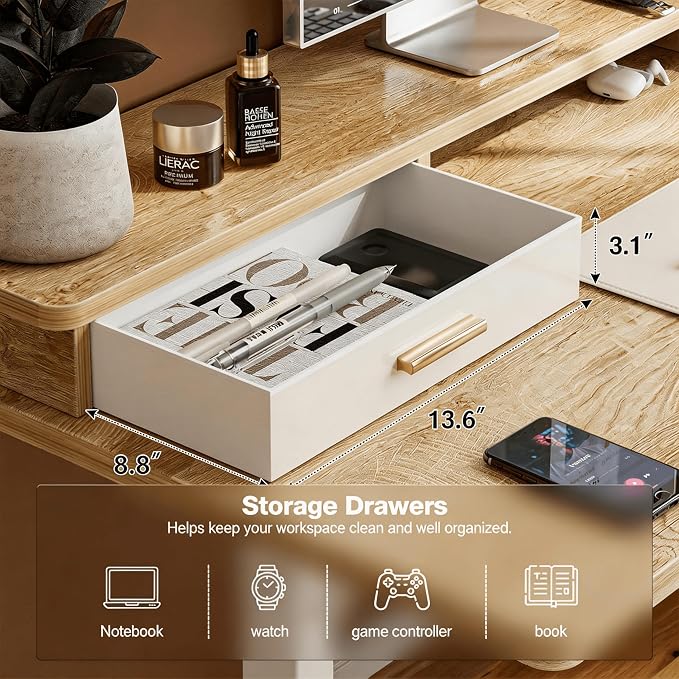 Grandder Electric Standing Desk with Two Drawers, Sit to Stand Up Height Adjustable Desk with Storage Shelf for Home Office, 47 * 24 Inch, Study, Ergonomic Adjustable Computer Desk, Oak
