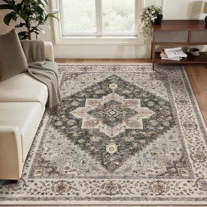 Tangsoo 3x5 Area Rug Vintage Washable Rugs Non Slip, Farmhouse Rugs Indoor Accent Rug Print Distressed Grey Carpet, Soft Low Pile Rug for Living Room Office Bedside Entryway Bedroom