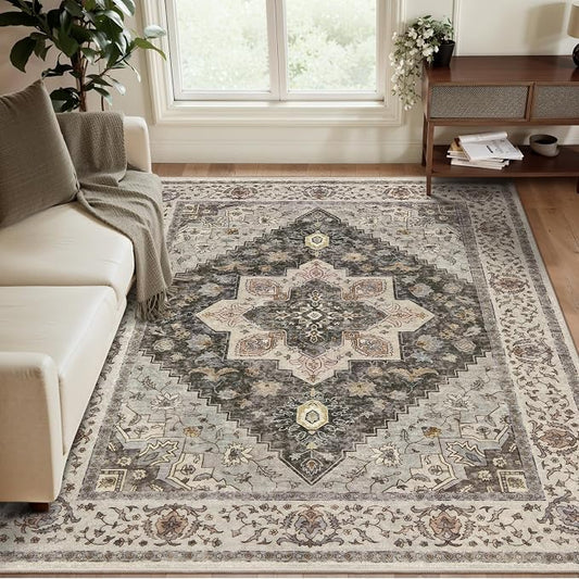 Tangsoo 3x5 Area Rug Vintage Washable Rugs Non Slip, Farmhouse Rugs Indoor Accent Rug Print Distressed Grey Carpet, Soft Low Pile Rug for Living Room Office Bedside Entryway Bedroom
