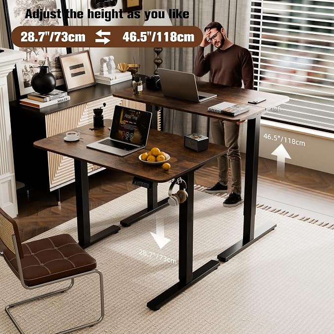 Small Standing Desk,35"x24" Height Adjustable Sit-Stand Home Office, Brown | Electric Adjustable Standing Desk, Sit to Stand Computer Office Desk with Splice Board, Memory Preset, Lifts 28.7''-46.5"