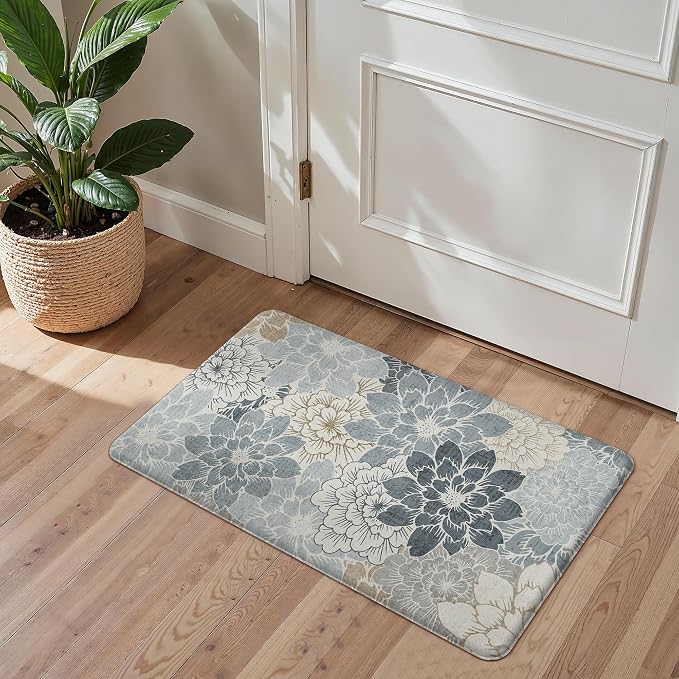 GENIMO Anti Fatigue Kitchen Mats for Floor 2PCS, Cushioned Standing Mats | 17.3"x59"&17.3"x30", Light Blue vintage floral rug set, waterproof, non slip, easy-clean for farmhouse