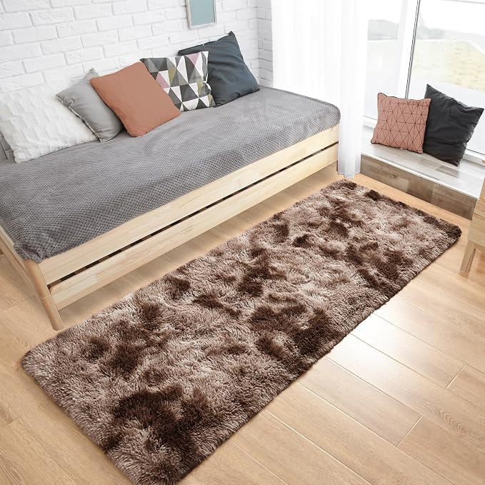 Tepook Fluffy Runner Rugs for Bedroom Aesthetic 2x6 Feet, Shag Soft Bedside Rug with Non-Slip Bottom, Fuzzy Plush Carpet for Room, Hallway Rug for Nursery Dorm Indoor Home Decor, Tie-Dyed Coffee