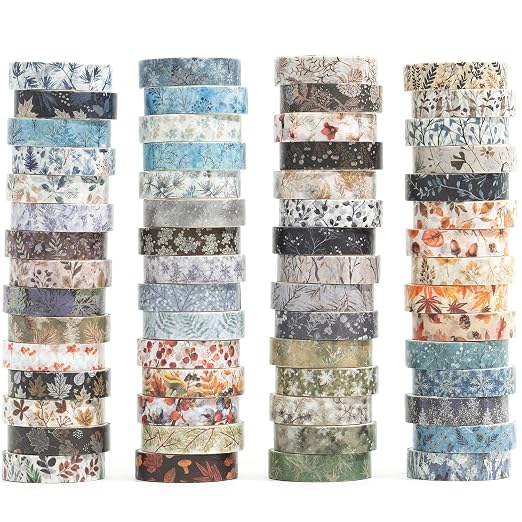 Flowers Washi Tape Set 60 Rolls Leaves Patterns Decorative Skinny Snow Masking Tapes for Arts, DIY Crafts, Journals, Planners, Scrapbook, Wrapping (Winter)
