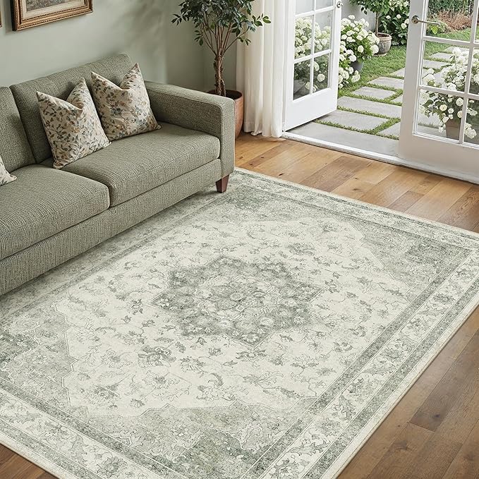 PureCozy Green Area Rug 3x5 Washable Vintage Carpet Entryway Office Soft Retro Kitchen Low Pile Thin Door Mat Non Slip Oriental Medallion Throw Small Rug for Bathroom Bedroom Dining Living Room