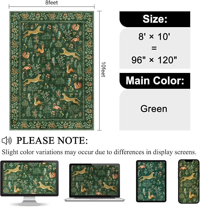 DUKINO 8x10 Rug, Washable Animal Living Room Rug with Non Slip Vintage Design, Soft Low Pile Large Carpet for Bedroom, Nursery, Dining Room, Farmhouse, Playroom, Green