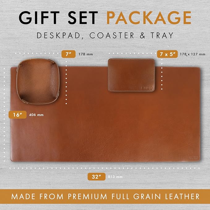 ELIZO Leather Desk Pad Real Leather Desk Mat Thick (3mm) Double Layer (32x16) Cover Blotter Desk Protector Large Computer Mat for Keyboard Mouse Pad Table Laptop Mat Office Accessories - Camel