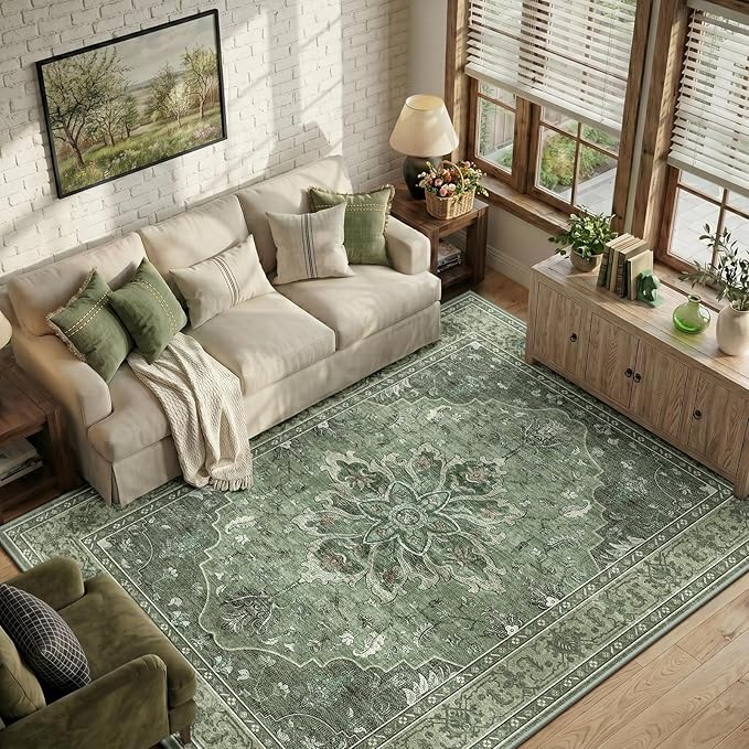 RELEANY Area Rugs 6'x9' Washable Non-Slip, Floral Vintage Distress Medallion Carpet for Living Room Bedroom Dining Room, Dark Green Gray